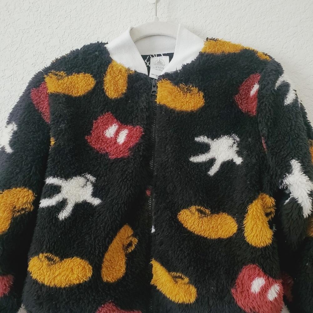 Disney Store Black Mickey Soft Teddy Fleece Zip Up Crop Bomber Sweater Jacket XS - Picture 11 of 15